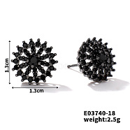 Chic Brass Cubic Zirconia Stud Earrings, Fashionable and Versatile Accessories, Flower, Black, 13x13mm(ZD1304-10)