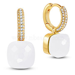 SHEGRACE Brass Dangle Earrings, with Grade AAA Cubic Zirconia and Glass, Square, Real 18K Gold Plated, White, 21mm(JE829D)