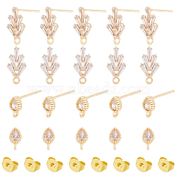 16Pcs 2 Style Brass Cubic Zirconia Stud Earring Findings, with Loops and 20Pcs Ear Nut, Teardrop & Leaf, Real 18K Gold Plated, 7.5x4mm, 14.5x7.5mm, Hole: 1mm, Pin: 0.5mm, 8Pcs/style(ZIRC-DC0001-11)