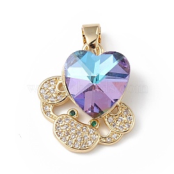 Rack Plating Brass Micro Pave Cubic Zirconia Pendants, with Glass, Long-Lasting Plated, Cadmium Free & Lead Free, Crab with Heart, Real 18K Gold Plated, Slate Blue, 21x18x8mm, Hole: 5x3mm(KK-C015-01G-16)