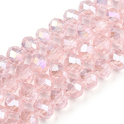 Electroplate Transparent Glass Beads Strands, AB Color Plated, Faceted, Rondelle, Pink, 4x3mm, Hole: 0.9mm, about 120~123pcs/strand, 15.63~16.89 inch(39.7~42.9cm)(EGLA-A034-T4mm-B30)