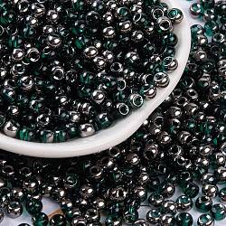 Glass Seed Beads, Inside Colours, Half Silver Plated, Round, Teal, 4x3mm, Hole: 1.2mm, 6428pcs/pound(SEED-A032-06Q)