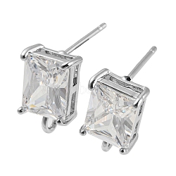 Brass with Cubic Zirconia Stud Earring Findings, Rectangle, with Vertical Loops, Platinum, Clear, 12x7mm, Hole: 1.6mm, Pin: 0.9mm(KK-Q789-14P)