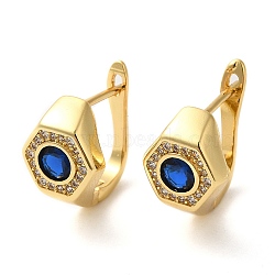 Real 18K Gold Plated Brass with Cubic Zirconia Hexagon Hoop Earrings, Cadmium Free & Lead Free, Blue, 10.5x15.5x15mm(KK-Z033-30B)