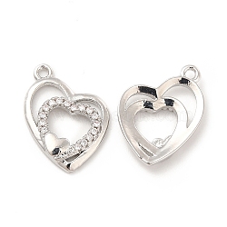 Brass Micro Pave Cubic Zirconia Pendants, Platinum, Heart Charm, Clear, 16.5x13x2.5mm, Hole: 1.2mm(KK-E071-18P)