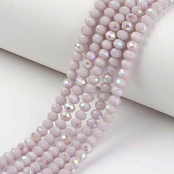 Electroplate Opaque Solid Color Glass Beads Strands, Half Rainbow Plated, Faceted, Rondelle, Thistle, 6x5mm, Hole: 1mm, about 83~85pcs/strand, 38~39cm