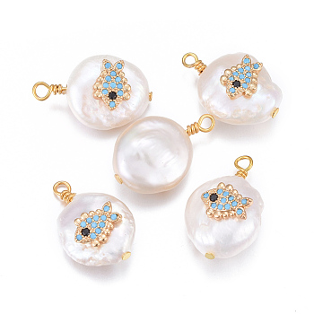 Natural Cultured Freshwater Pearl Pendants, with Brass Micro Pave Cubic Zirconia Findings, Nuggets with Fish, Golden, Deep Sky Blue, 17~26x11~16x5~11mm, Hole: 1.6~2mm