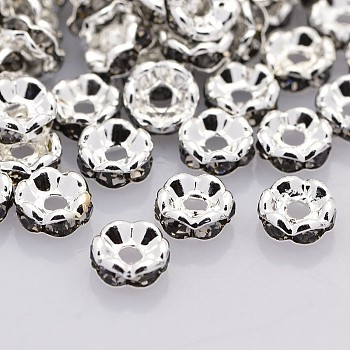 Brass Rhinestone Spacer Beads, Grade A, Wavy Edge, Silver Color Plated, Rondelle, Black Diamond, 8x3.8mm, Hole: 1mm