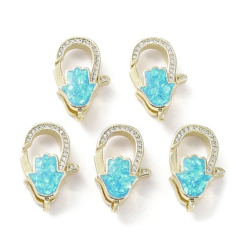 Brass Micro Pave Cubic Zirconia Lobster Claw Clasps, with Synthetic Opal, Cadmium Free & Lead Free, Long-Lasting Plated, Real 18K Gold Plated, Palm, 23x14x6.5mm, Hole: 2mm