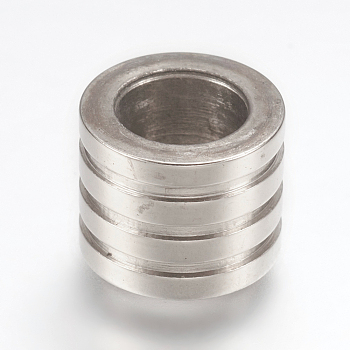 304 Stainless Steel Beads, Large Hole Beads, Grooved, Column, Stainless Steel Color, 10x8mm, Hole: 7mm