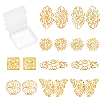 80PCS 8 Style Brass Filigree Joiners Links, Rack Plating, Flower & Butterfly & Flat Round & Square, Golden, 10pcs/style