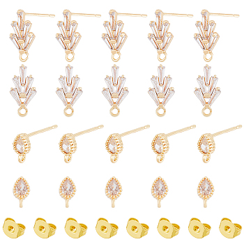 16Pcs 2 Style Brass Cubic Zirconia Stud Earring Findings, with Loops and 20Pcs Ear Nut, Teardrop & Leaf, Real 18K Gold Plated, 7.5x4mm, 14.5x7.5mm, Hole: 1mm, Pin: 0.5mm, 8Pcs/style