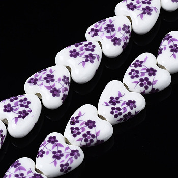 Handmade Porcelain Ceramic Beads Strands, Flower Printed, Heart, Purple, 15x15x7mm, Hole: 3mm, about 23pcs/strand, 12.8 inches(32.5cm)