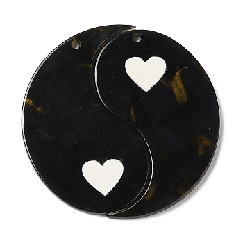 Acrylic Pendant, Yinyang with Heart, Black, 47.5x2.5mm, Hole: 2mm