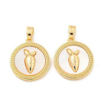 Natural White Shell Pendants, Rack Plating Brass Flat Round with Carrot Charms, Real 18K Gold Plated, 19x17x3.5mm, Hole: 5.5x3mm