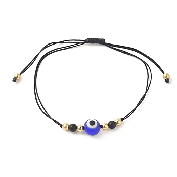 Fashion Braided Bead Bracelets, with Natural Black Agate(Dyed) Beads, Evil Eye Lampwork Beads, Brass Beads and Nylon Thread, Black, 10-3/8 inch(26.4cm)