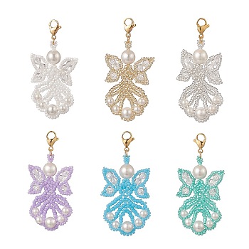 Angel Glass Pendants Decorations, with Seed Beads, Shell Pearl and 304 Stainless Steel Lobster Claw Clasps, Mixed Color, 55x25x7.5mm