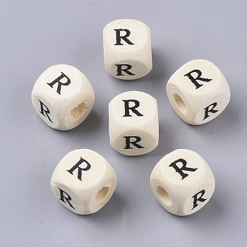 Printed Natural Wood Beads, Horizontal Hole, Cube with Initial Letter, PapayaWhip, Letter.R, 10x10x10mm, Hole: 3.5mm