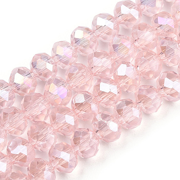 Electroplate Transparent Glass Beads Strands, AB Color Plated, Faceted, Rondelle, Pink, 4x3mm, Hole: 0.9mm, about 120~123pcs/strand, 15.63~16.89 inch(39.7~42.9cm)