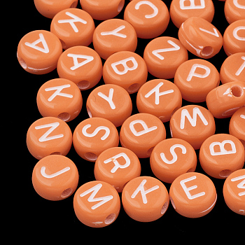 Opaque Acrylic Beads, Horizontal Hole, Mixed Letters, Flat Round with Letter, Random Letters, Dark Orange, 7x4mm, Hole: 1.5mm