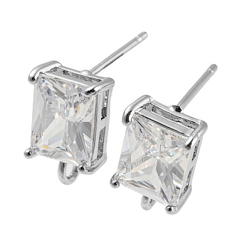 Brass with Cubic Zirconia Stud Earring Findings, Rectangle, with Vertical Loops, Platinum, 12x7mm, Hole: 1.6mm, Pin: 0.9mm