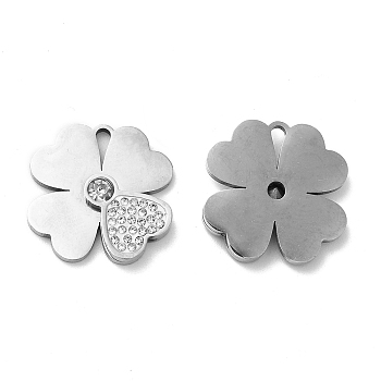 201 Stainless Steel Pendants, with Rhinestone, Clover Charm, Stainless Steel Color, 18x18x3mm, Hole: 3x1.2mm