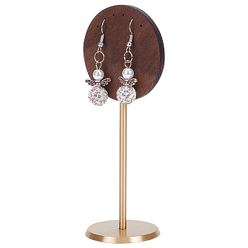 Walnut Wood Earring Display Stand, with Iron Base, Hanging Earring Organizer, Round Pattern, 4x4x12.1cm