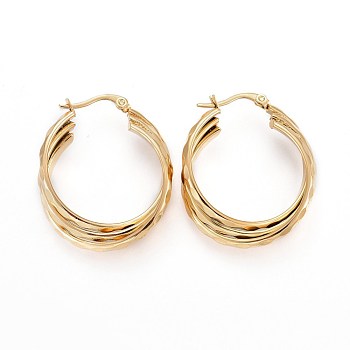 Ion Plating(IP) 304 Stainless Steel Triple Hoop Earrings, Dapped Oval, Golden, 36x30x9mm, Pin: 1.5x0.5mm