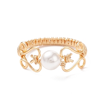 Shell Pearl Braided Finger Ring, Brass Wire Wrap Jewelry for Women, Light Gold, US Size 7 3/4(17.9mm)
