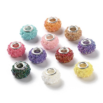 AB Color Resin Rose Flower European Beads, Rondelle Large Hole Beads, with Platinum Tone Alloy Double Cores, Mixed Color, 14x9mm, Hole: 5mm