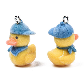 Flocky Resin Pendants, with Platinum Plated Iron Loops, Duck with Steel Blue Cap, Gold, 29.5x21x17mm, Hole: 2.5mm