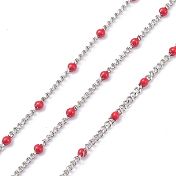 304 Stainless Steel Enamel Curb Chains, with Spool, Soldered, Faceted, Indian Red, 2.5x2x0.8mm, 32.80Feet/roll(10m/roll)