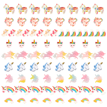 Opaque Resin Cabochons, Unicorn & Unicorn with Rainbow & Stars Rainbow & Rainbow, Mixed Color, 80pcs/set