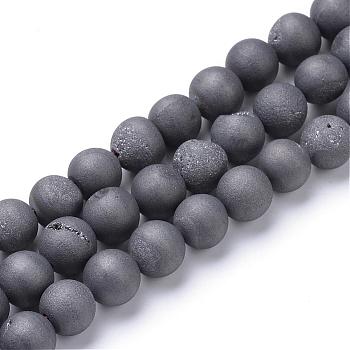 Electroplated Natural Druzy Geode Agate Bead Strands, Matte Style, Round, Gray Plated, 8~9mm, Hole: 1mm, about 46pcs/strand, 14.7 inch