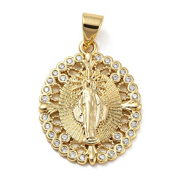 Rack Plating Brass Micro Pave Clear Cubic Zirconia Pendants, Cadmium Free & Lead Free, Oval with Saint, Real 18K Gold Plated, 22.5x17x2mm, Hole: 5x3.5mm