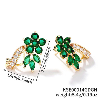 Elegant Brass Rhinestone Leaf Stud Earrings, with Delicate Design and Sparkling Details, Golden, Emerald, 21x19mm