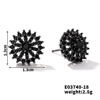 Chic Brass Cubic Zirconia Stud Earrings, Fashionable and Versatile Accessories, Flower, Black, 13x13mm