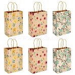 6Pcs 3 Styles Flower Print Kraft Paper Handbags, Flowers Storage Paper Gift Bags for Wedding Party Gift Wrapping Bags, Rectangle, Mixed Color, Unfold: 8x14.9x21cm, 2pcs/style(ABAG-TA0001-52)