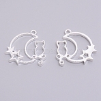 Alloy Open Back Bezel Pendants, for DIY UV Resin, Epoxy Resin, Pressed Flower Jewelry, Moon with Cat & Star, Cadmium Free & Lead Free, Silver, 29x28.5x3mm, Hole: 2mm(PALLOY-WH0072-89S-RS)