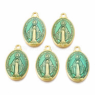Brass Enamel Pendants, Long-Lasting Plated, Oval with Saint, Golden, Turquoise, 19.5x12x2mm, Hole: 1.5mm(X1-KK-S345-179-T)