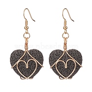 Heart Natural Lava Rock Dangle Earrings for Women, Copper Wire Wrapped Bead Essential Oil Earring, Real 18K Gold Plated, 50mm, Pin: 0.9mm(EJEW-JE04973)