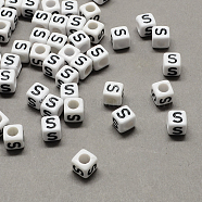 Large Hole Acrylic Letter European Beads, Horizontal Hole, White & Black, Cube with Letter.S, 6x6x6mm, Hole: 4mm, about 2950pcs/500g(SACR-Q103-6mm-01S)