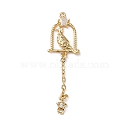 Brass Micro Pave Clear Cubic Zirconia Connector Charms, Birdcage with Bird Links, Golden, 48x14x3mm, Hole: 1.2mm(KK-F865-16G)