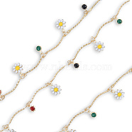 Handmade Golden Brass Curved Bar Link Chains, with Enamel Flower & Sun Charms, Unwelded, with Spool, Nickel Free, Colorful, 4x2x0.5mm, about 16.40 Feet(5m)/Roll(CHC-N021-09)