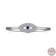Rhodium Plated 925 Sterling Silver Horse Eye Finger Rings with Blue Cubic Zirconia, with S925 Stamp, Real Platinum Plated, US Size 7(17.3mm)(RJEW-F150-55B-P)
