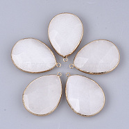 Natural White Jade Pendants, with Brass Findings, Faceted, teardrop, Golden, 44~45x31~32x9~12mm, Hole: 2mm(G-S344-91G)