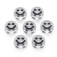 Transparent Acrylic Beads, with Glitter Powder, Flat Round with Black Enamel Smile Face, Clear, 10x5mm, Hole: 2mm, about 1450pcs/500g(MACR-N008-55-A07)