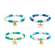 4Pcs 4 Style Handmade Polymer Clay Heishi Surfer Stretch Bracelets Set, Shell & Starfish Shape Alloy Charms Stackable Bracelets for Women, Mixed Color, Inner Diameter: 2-1/4 inch(5.8cm), 1Pc/style(BJEW-JB08638)