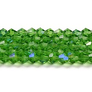 Transparent Electroplate Glass Beads Strands, AB Color Plated, Faceted, Bicone, Lime Green, 4x4mm, Hole: 0.8mm, about 87~98pcs/strand, 12.76~14.61 inch(32.4~37.1cm)(GLAA-F029-4mm-D03)