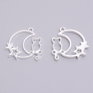 Alloy Open Back Bezel Pendants, for DIY UV Resin, Epoxy Resin, Pressed Flower Jewelry, Moon with Cat & Star, Cadmium Free & Lead Free, Silver, 29x28.5x3mm, Hole: 2mm(PALLOY-WH0072-89S-RS)